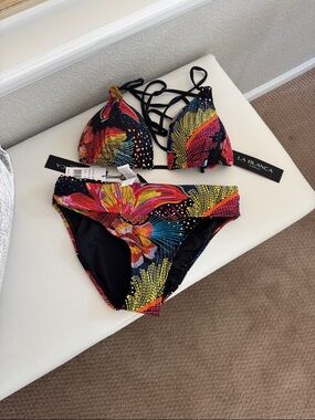 La Blanca Black Floral Triangle Bikini with Neon Accents please look at sizes